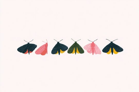 A group of colorful moths on a white background with each moth having a pattern of black pink yellow green and orange. the moths are arranged in a line creating a vibrant and eyecatching display.