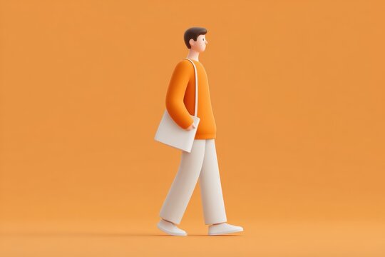 A man in an orange shirt and white pants walking with a briefcase in his hand. he is animated giving the impression of movement.