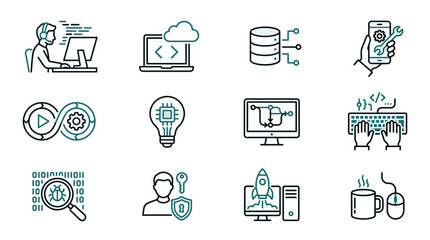 Fototapeta premium Clean Minimalist Line Art Icons Set Featuring Tech Development Security and Innovation Concepts in Blue