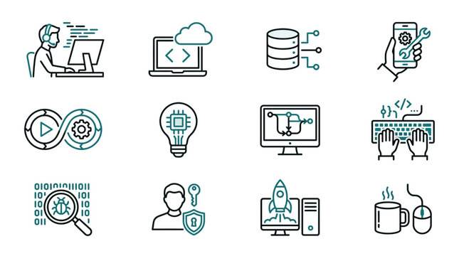 Clean Minimalist Line Art Icons Set Featuring Tech Development Security and Innovation Concepts in Blue