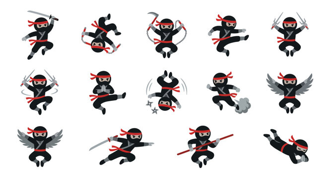 Creative Set of 15 Black Ninja Characters with Red Headbands Performing Diverse Martial Arts Actions and Superpowers