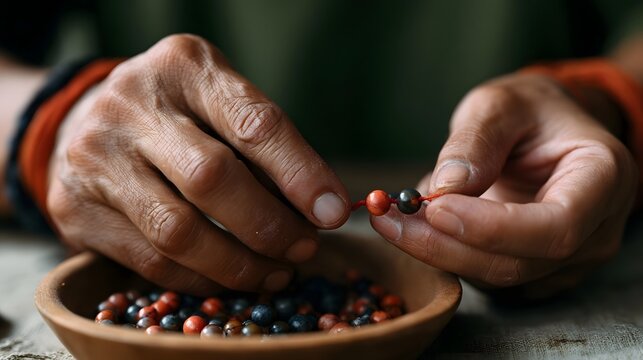 Close up shot of hands carefully stringing colorful beads to create an artisanal bracelet