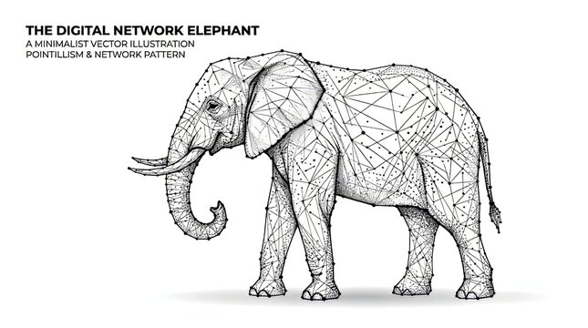 The Digital Network Elephant: A minimalist vector illustration featuring a majestic elephant composed of interconnected lines and dots, representing a network pattern