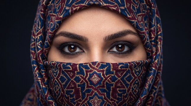 A woman wearing a colorful hijab and niqab looks directly at the camera with a mysterious gaze.