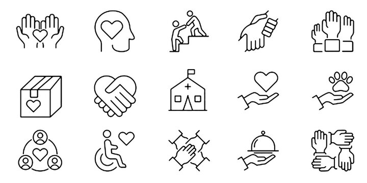 Volunteer icons set. Related community service, helping hands, support, teamwork, social care, nonprofit work, charity and humanitarian activities . Editable Stroke. Vector illustration.
