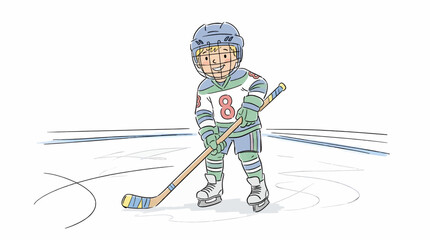 Young Boy in Ice Hockey Gear Holding Stick on Ice Rink, Smiling Face, Blue and Green Uniform with Number 8, Winter Sport Illustration with Copy Space