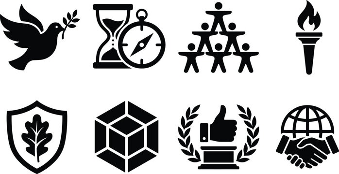 Professional business concepts and core values black vector icon set featuring teamwork, success, and global partnership
