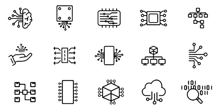 Microchip icons set. Related to semiconductor, processor, circuit, technology, electronic, chip, hardware, and computing. Editable stroke. Vector illustration.
