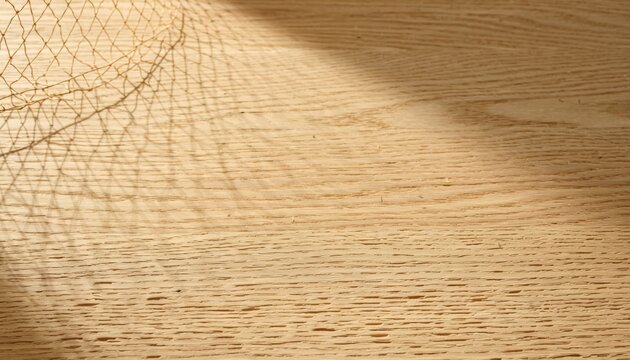 Light natural wood surface casting a textured fishnet shadow, creating an intriguing pattern and abstract background with warm sunlight
