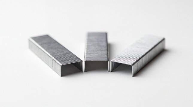 Three metal staple refills arranged on a white background