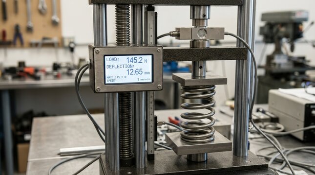 Close medium shot of a tension tester with digital readout display capturing the precise load and deflection measurements on a spring in real time.