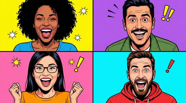 A vibrant pop art illustration of four diverse people expressing excitement and joy with colorful backgrounds and dynamic facial expressions.
