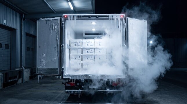 A refrigerated truck is parked in a warehouse with its back doors open, revealing a cargo hold filled with frozen products and emitting a cloud of cold smoke.