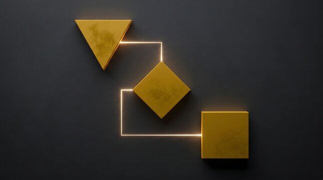 Abstract golden geometric shapes connected by light. Modern 3D tech flow diagram.