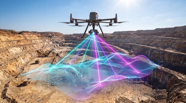 A drone flying over a quarry with a 3D scanning technology projection