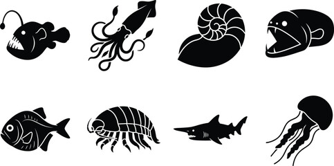 Obraz premium Deep Sea Creatures Silhouette Icon Set Featuring Various Oceanic Animals and Mysterious Marine Life Forms