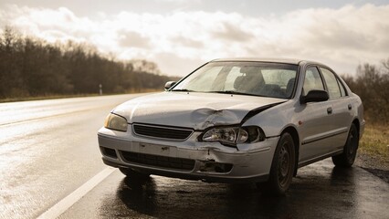Fototapeta premium Damaged silver sedan abandoned on empty highway during dusk with trees in background