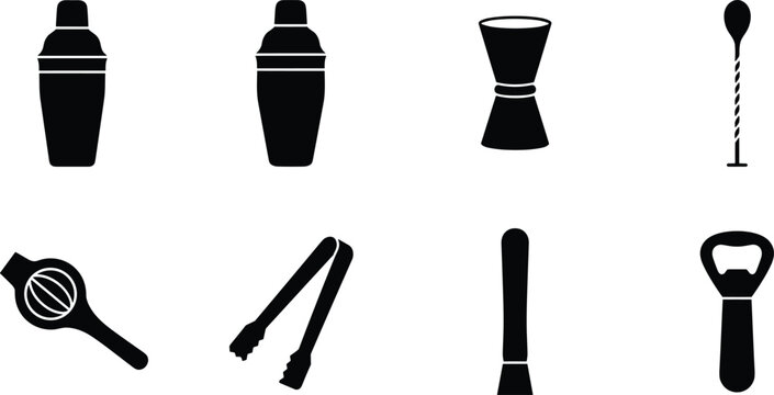 Cocktail Bar Tools Icon Set Featuring Essential Bartender Equipment and Mixology Accessories for Drink Preparation