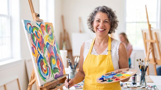 A smiling senior woman in a yellow apron holding a paintbrush and palette stands confidently in front of her vibrant abstract painting in a bright art studio.