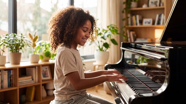 A young girl with curly hair playing a black piano in a cozy room with plants and books.