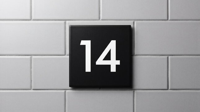 A black square tile with the number 14 on a white tiled wall background