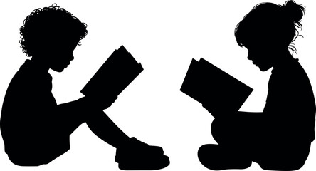 Black vector silhouette of two cute young children sitting on the floor reading books together for education and learning concepts
