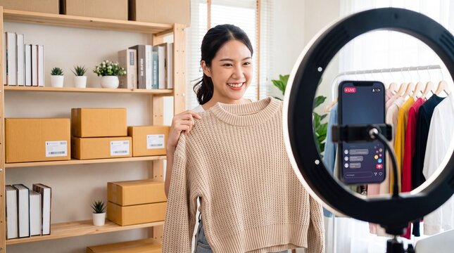 A young woman recording a live video for her online clothing store, showcasing a beige sweater in front of a ring light and smartphone.