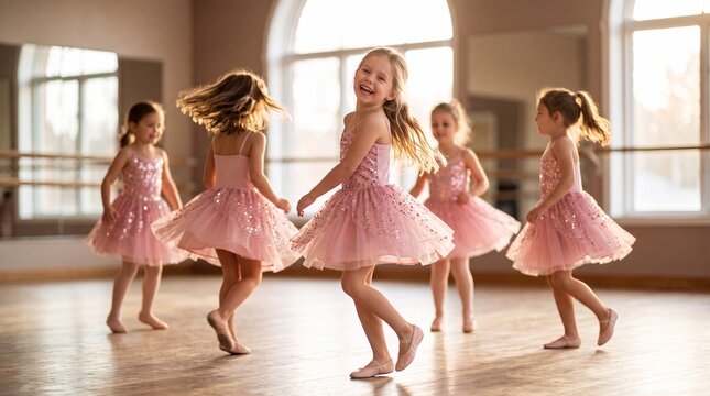 A group of young girls in pink dresses dancing in a bright dance studio with large windows