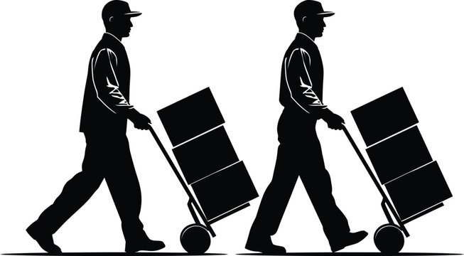 Worker vector silhouette icon set of two men moving stacked boxes