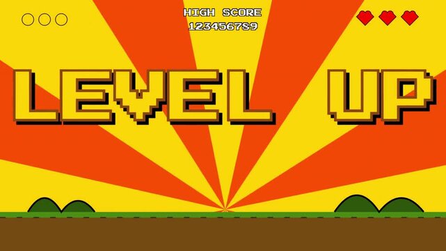 8-Bit Retro Video Game Level Up Achievement Screen Animation