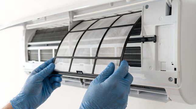 Close up of hands in blue gloves holding a mesh air conditioner filter for cleaning and repair