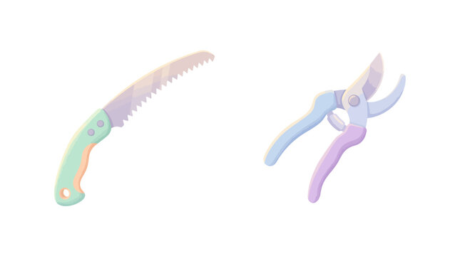 Colorful gardening shears and saws for pruning and cutting plants and branches in garden, landscape design, gardening tools, maintenance, and outdoor work