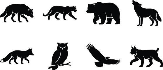 Obraz premium Set of black silhouette icons featuring various North American predatory wildlife and forest animals
