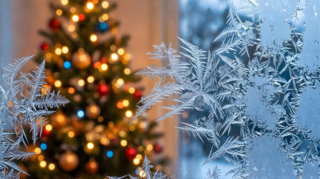 Frosted window patterns with blurry Christmas tree lights in background
