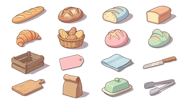 Assorted bakery items including bread croissant loaf cake pastry and bakery tools illustration, bakery, bread, pastry, croissant, loaf, cake, dough, artisan, fresh, bakeryshop, baking