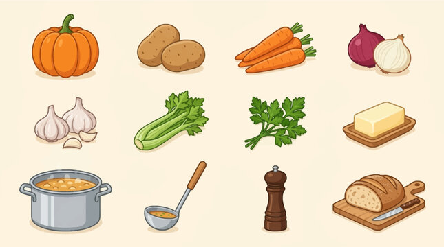 Vegetable ingredients for cooking depicted in cartoon style with pumpkin garlic carrots onion celery parsley butter and bread