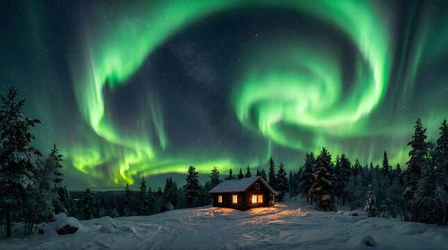 Glowing green aurora borealis illuminates a winter cabin in the forest