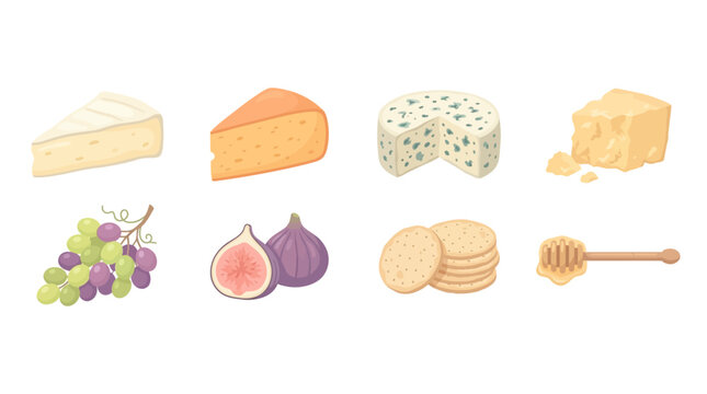Assorted Cheese and Fresh Fruits Illustration for Food, Dairy, Snack, Dessert, Gourmet, Natural, Vegetarian, Vegan, Healthy, Delicious, Appetizer, Ingredient, Cream, Dairy Product