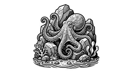 Detailed illustration of an octopus underwater. © Heris