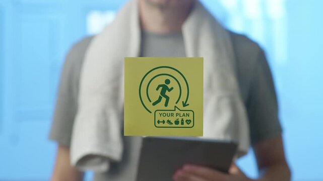 Man with a towel around his neck holding a tablet and attaching a sticky note to a glass wall with a daily fitness routine and a healthy diet plan reminder for a balanced lifestyle