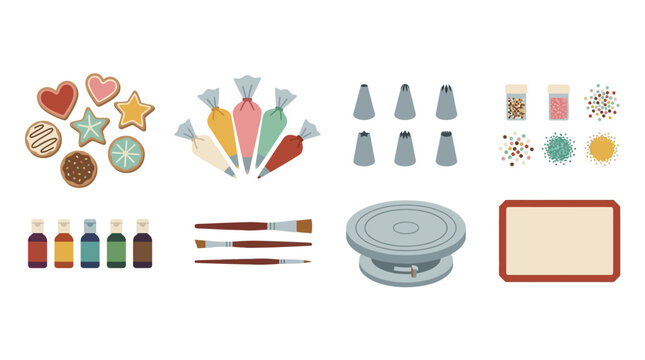 Creative baking and decorating tools set with cookies, frosting piping, sprinkles, paints, brushes, and a cake turntable for pastry art and dessert making