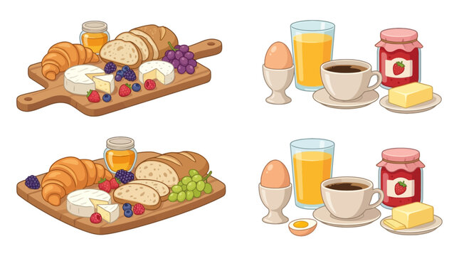 Delicious breakfast with bread cheese fruit juice coffee tea and jam, healthy morning meal, breakfast ingredients, bakery brunch, vegetarian diet, rustic dining, cozy kitchen, food composition