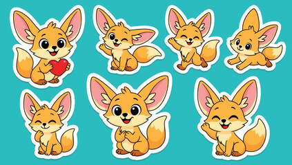 Fototapeta premium Fox fennec sticker different poses, actions, cute mascot. Vector set for stickers, kids content, and fun animal designs.