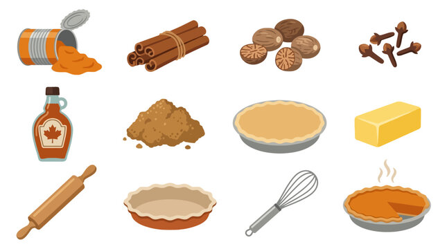 Spices and baking ingredients illustration including turmeric powder cinnamon sticks nutmeg vanilla syrup pie crust butter and baking utensils
