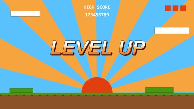 Retro 8-Bit Pixel Art Game Animation Level Up Message with Sunburst Background and UI Elements