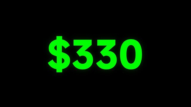 A close-up view of a neon green dollar sign and numbers on a black background displays money.