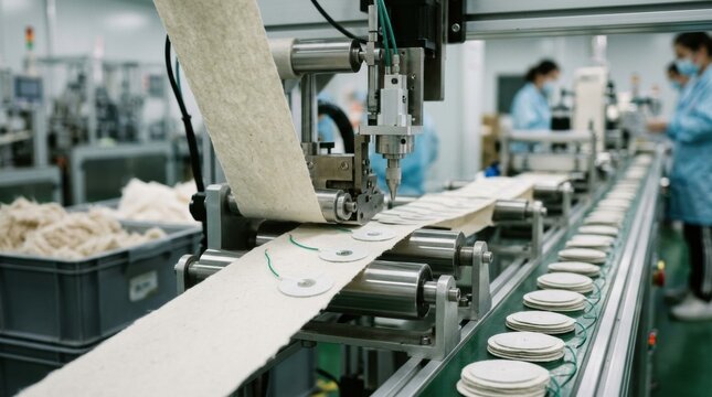 Closeup of a manufacturing line producing biodegradable electrode pads with plantbased backing highlighting ecofriendly material processing and assembly.