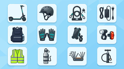 Fototapeta premium Collection of outdoor activity essentials including scooter helmet gloves backpack water bottle flashlight reflective vest and tools for cycling or camping