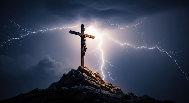 Dramatic silhouette of a figure on a wooden cross atop a rocky hill under a dark, stormy sky illuminated by bright lightning bolts at night, prayer, landscape, redemption