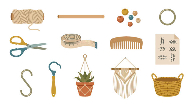 Bohemian diy craft tools and accessories set with yarn, scissors, measuring tape, beads, ring, plant, baskets, wall hanging and knitting supplies for creative handmade projects